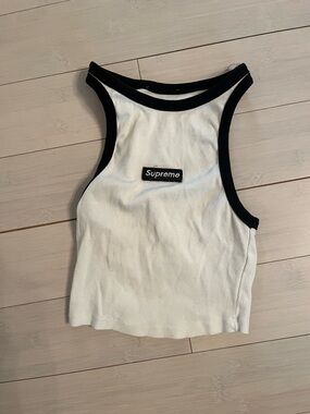 Supreme White Ribbed Crop Tank with Black Trim